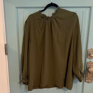 Women’s Olive Green Ruffle-Neck Long Sleeve Blouse